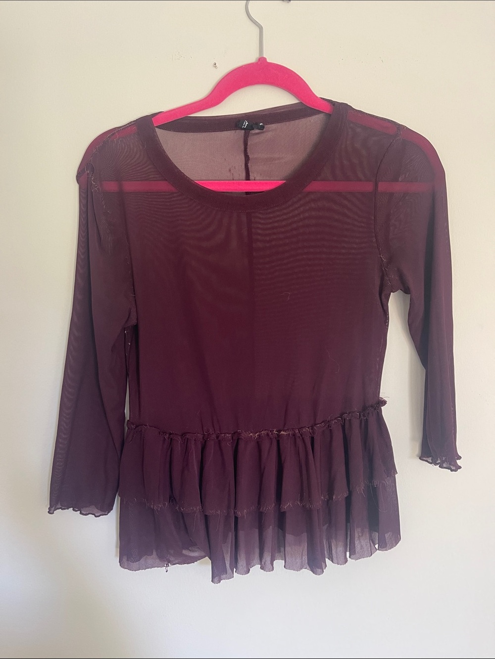 Urban Outfitters Burgundy Sheer Ruffle-Hem Long Sleeve Top